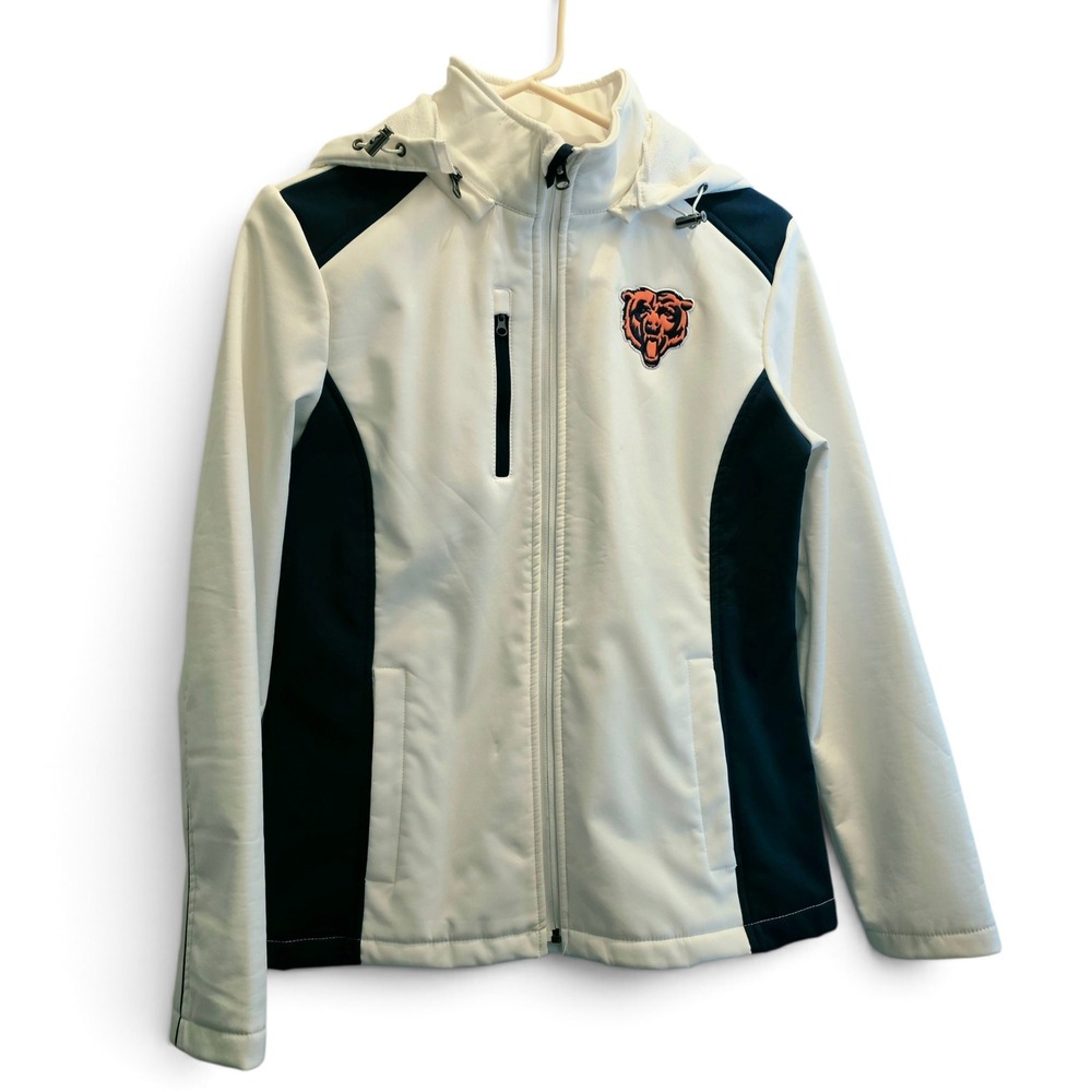 NFL Chicago Bears Womens Small White Navy Blue Softshell Jacket Hood